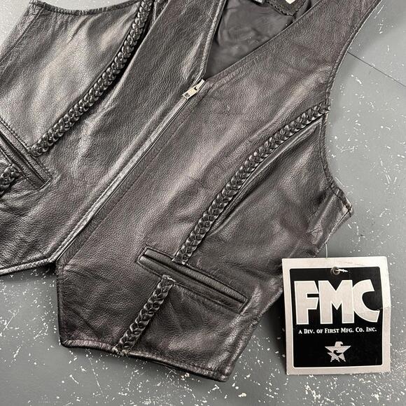 VTG FMC Leather Waist Coat Youth Girls Large Black Zip Moto Biker Western NWT - Picture 2 of 6